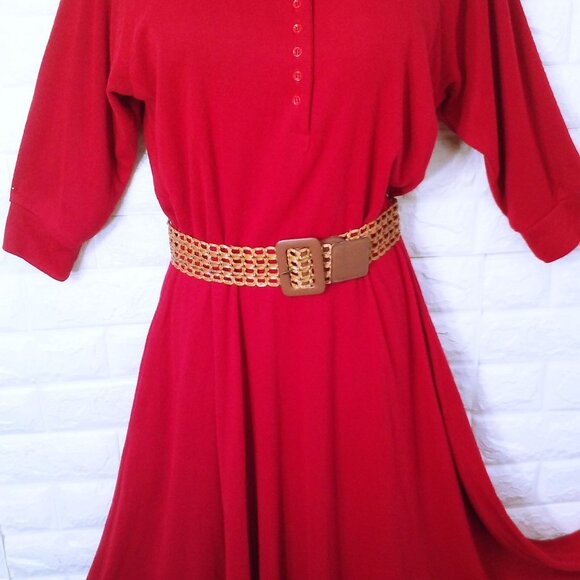 Vintage 80s Walden Classics Knit Shirtwaist Dress (12) Pockets Crew-Buttonup Red - Picture 6 of 11